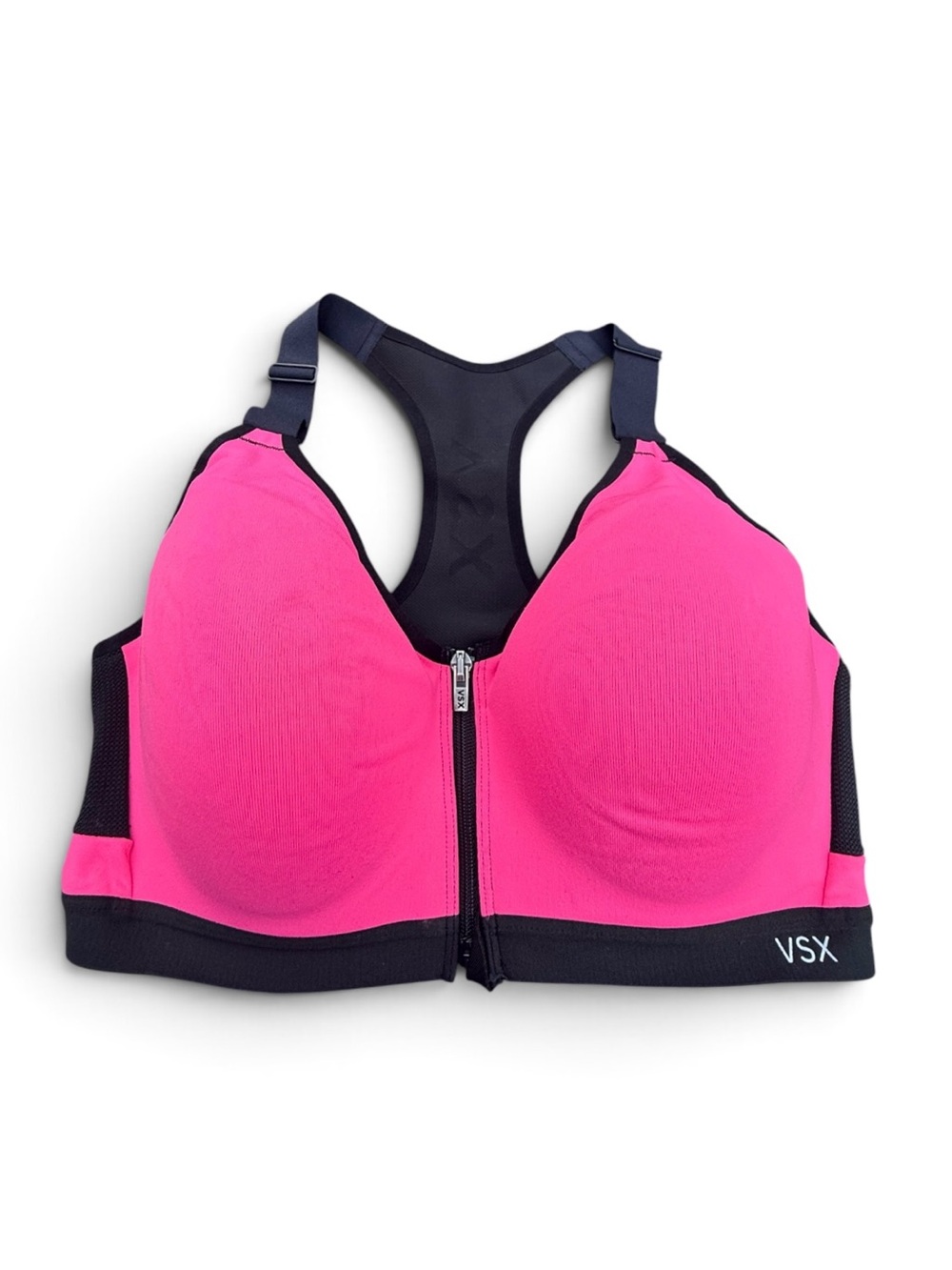 VSX Victoria’s Secret Sport Neon Pink Black Front Zip Racerback Sports Bra 36D